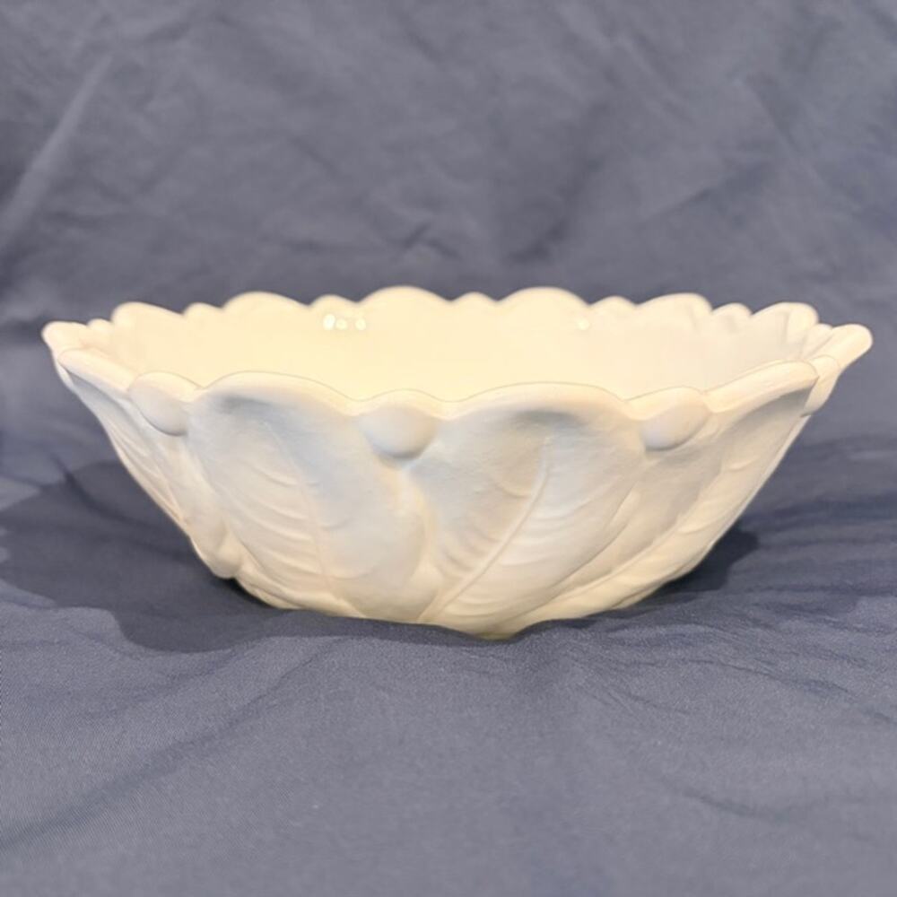 Vintage Milk Glass Bowl Paneled Grape Leaf Scalloped Edge White Serving Dish